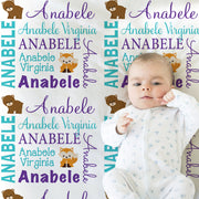 Purple and aqua baby girl forest animals personalized baby blanket, woodland girl newborn swaddle blanket, baby animals gift, (CHOOSE COLOR)