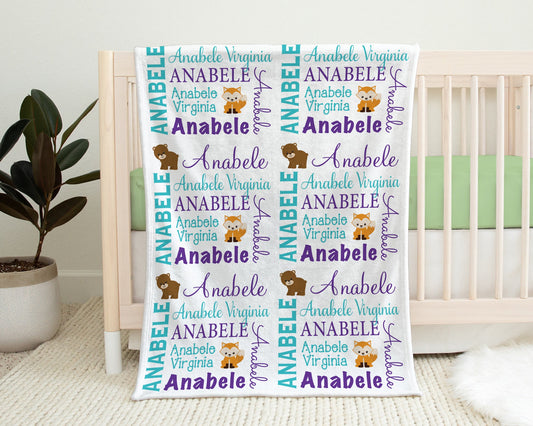 Personalized Forest Animals Baby Name Blanket Girl
