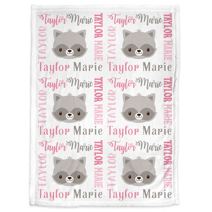 Raccoon baby blanket, pink and white raccoon girl baby blanket, personalized baby gift with raccoons, pink raccoon baby swaddle blanket,