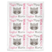 Raccoon baby blanket, pink and white raccoon girl baby blanket, personalized baby gift with raccoons, pink raccoon baby swaddle blanket,