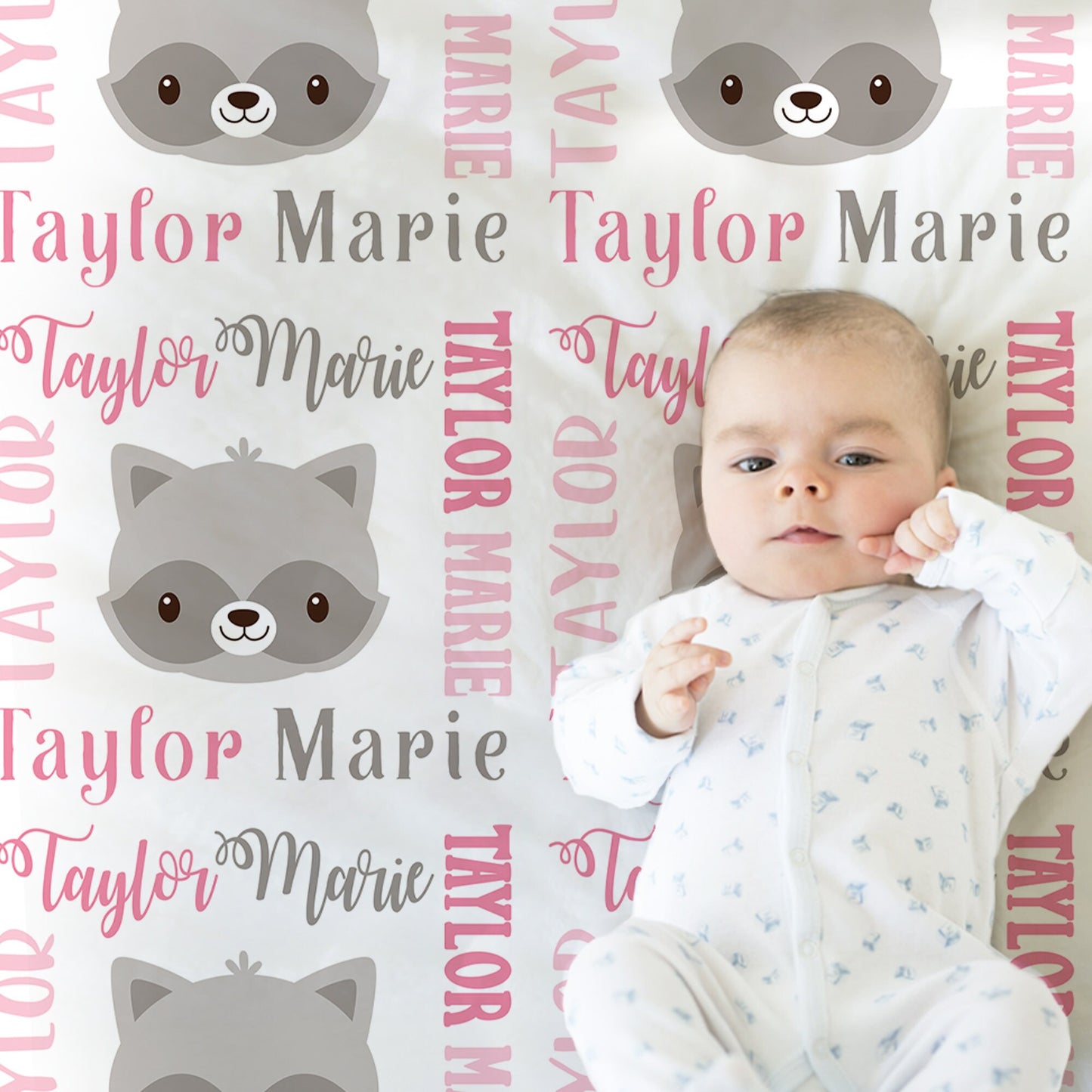 Raccoon baby blanket, pink and white raccoon girl baby blanket, personalized baby gift with raccoons, pink raccoon baby swaddle blanket,