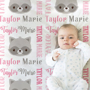 Raccoon baby blanket, pink and white raccoon girl baby blanket, personalized baby gift with raccoons, pink raccoon baby swaddle blanket,