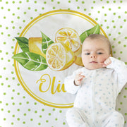 Lemon newborn baby blanket, personalized citrus blanket with name, watercolor lemons baby swaddle, lemon baby girl gift, (CHOOSE COLORS)
