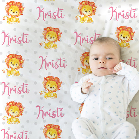 Personalized Lion Baby Name Blanket Girl