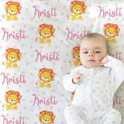 Personalized pink lion baby blanket, girls newborn lion name blanket, safari animal lions baby gifts, safari lion swaddle (CHOOSE COLORS)