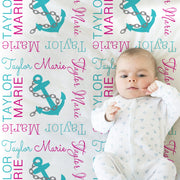 Baby girls anchor blanket, personalized newborn nautical swaddle blanket with name, anchors baby gift, boys or girls (CHOOSE COLORS)
