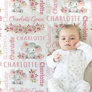 Personalized elephant baby girls blanket, floral elephant name blanket, pink newborn elephant and flowers swaddle gift, (CHOOSE COLORS)