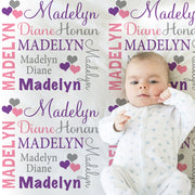 Newborn baby hearts blanket, personalized pink and purple blanket with name, heart baby girl gift, hearts baby swaddle, (CHOOSE COLORS)