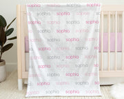 Baby girl name blanket in pink and gray, personalized newborn swaddle blanket, repeating name coming home blanket, pink baby girl gift