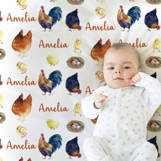 Farm chicken baby girls blanket, personalized swaddle blanket with hens, newborn farm chickens baby gift, farm animals name blanket