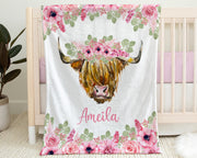 Highland cow baby girls blanket, personalized swaddle blanket with cows and flowers, newborn farm cow baby gift, farm animals name blanket