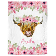 Highland cow baby girls blanket, personalized swaddle blanket with cows and flowers, newborn farm cow baby gift, farm animals name blanket