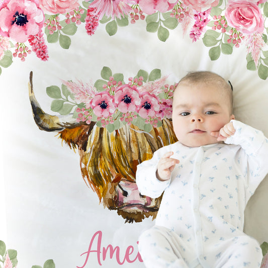 Highland cow baby girls blanket, personalized swaddle blanket with cows and flowers, newborn farm cow baby gift, farm animals name blanket
