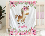 Flroal horse baby girls blanket, personalized swaddle blanket with horse and flowers, newborn farm horse baby gift, farm animal name blanket