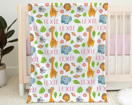 Safari animals baby girls blanket, personalized swaddle blanket with elephants and giraffe, newborn safari baby gift, safari name blanket