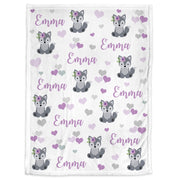 Wolf baby blanket, girls purple wolf personalized blanket, floral wolf swaddle name blanket, newborn wolf hearts baby gift, (CHOOSE COLORS)