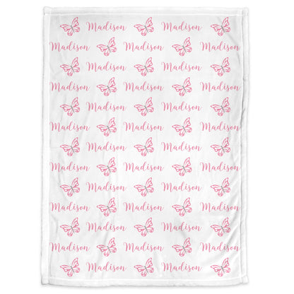 Baby girl butterfly name blanket, butterfly personalized newborn swaddle blanket, baby gift with pink butterflies, (CHOOSE COLORS)