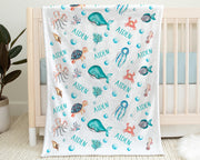 Under the sea personalized baby blanket, boy or girl ocean animal swaddle blanket, newborn beach whale baby name gift, (CHOOSE COLORS)