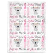 Personalized baby girl koala blanket, koala bear newborn swaddle blanket with name, floral girls koalas baby gift, (CHOOSE COLORS)