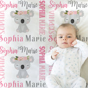 Personalized baby girl koala blanket, koala bear newborn swaddle blanket with name, floral girls koalas baby gift, (CHOOSE COLORS)