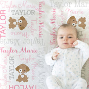 Personalized pink puppy baby blanket, girl puppies blanket with name, newborn puppy theme baby swaddle, puppy dogs baby gift (CHOOSE COLORS)