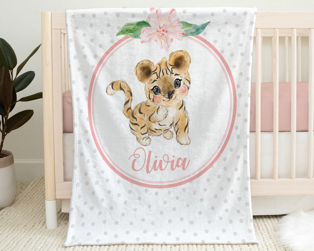 Personalized tiger baby girl blanket, pink floral tiger blanket with name, tiger cub baby gift, newborn baby girl tiger swaddle blanket