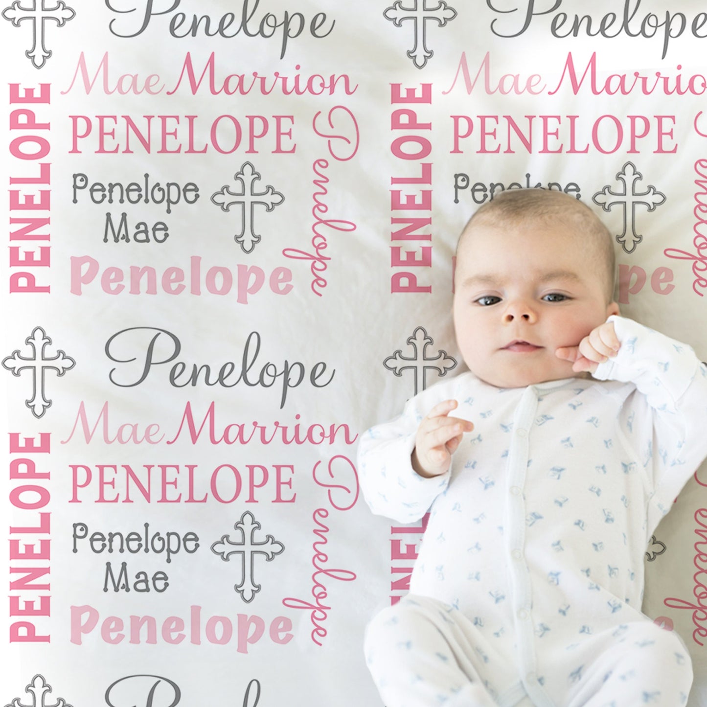 Baby girl cross blanket, personalized newborn religious blanket, pink cross baby gift, pink swaddle blanekt with crosses (CHOOSE COLORS)