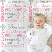 Baby girl cross blanket, personalized newborn religious blanket, pink cross baby gift, pink swaddle blanekt with crosses (CHOOSE COLORS)