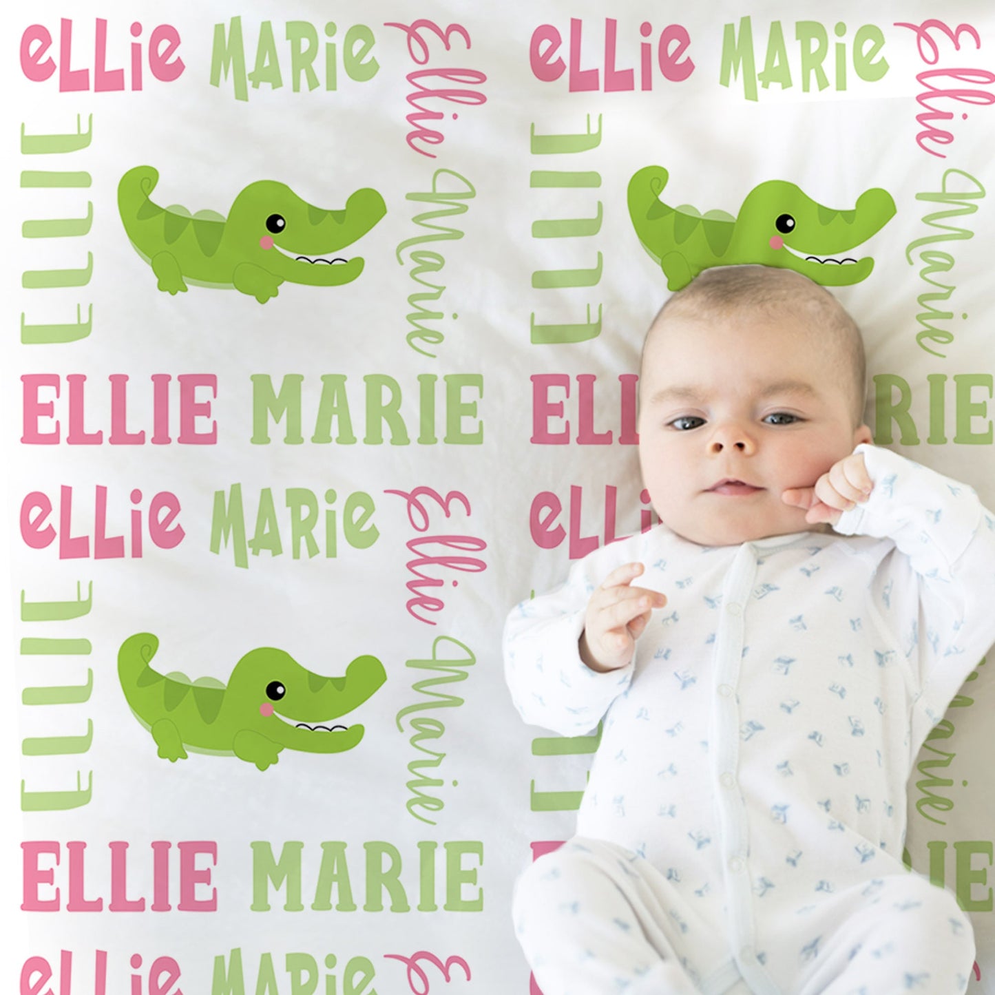 Baby girl blanket with alligators, personalized alligator name newborn blanket, alligator baby gift, baby girl crocodile, alligator swaddle