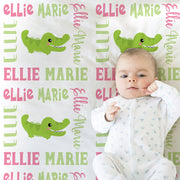 Baby girl blanket with alligators, personalized alligator name newborn blanket, alligator baby gift, baby girl crocodile, alligator swaddle