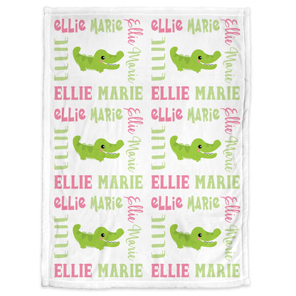 Baby girl blanket with alligators, personalized alligator name newborn blanket, alligator baby gift, baby girl crocodile, alligator swaddle