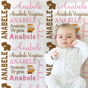 Personalized woodland baby girls blanket, forest animals blanket with name, newborn baby animals gift, fox and bear swaddle, (CHOOSE COLORS)