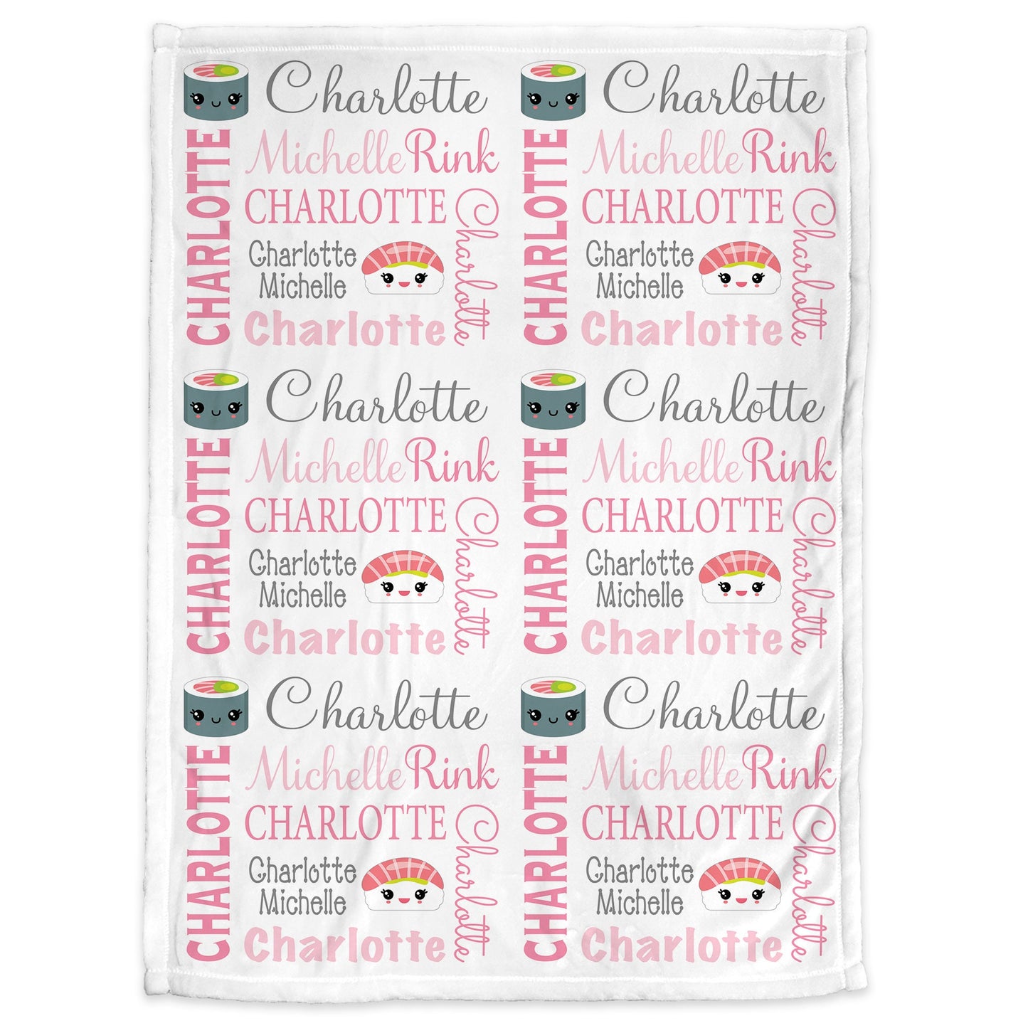 Personalized sushi baby girls blanket, kawaii newborn baby blanket, sushi baby shower gift, pink and gray cute swaddle (CHOOSE COLORS)