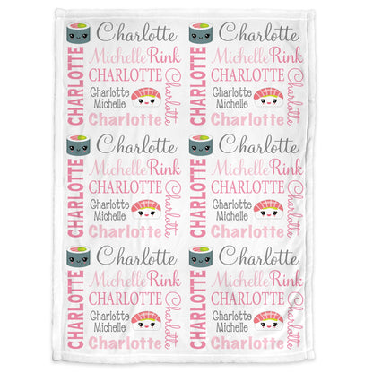 Personalized sushi baby girls blanket, kawaii newborn baby blanket, sushi baby shower gift, pink and gray cute swaddle (CHOOSE COLORS)
