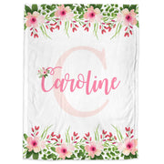Newborn baby blanket with name and flowers, personalized girl pink floral swaddle blanket, initial personalized baby gift with name,