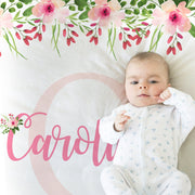 Newborn baby blanket with name and flowers, personalized girl pink floral swaddle blanket, initial personalized baby gift with name,