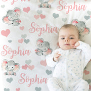 Elephant baby blanket, hearts pink, girl , personalized name blanket, newborn baby gift, elephant nursery (CHOOSE COLORS)