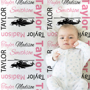 Helicopter baby girls blanket, pink personalized military helicopter newborn swaddle blanket, helicopter baby gift, (CHOOSE COLORS)