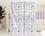 Elephant baby girl name blanket, personalized elephant swaddle blanket, elephants newborn baby gift, blanket with elephants (CHOOSE COLORS)