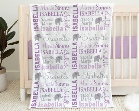 Elephant baby girl name blanket, personalized elephant swaddle blanket, elephants newborn baby gift, blanket with elephants (CHOOSE COLORS)