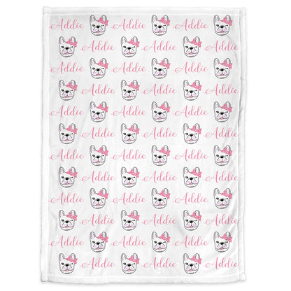 Baby girl bulldog name blanket, pink girls french bulldog swaddle blanket, personalized newborn baby gift, baby blanket with bulldogs