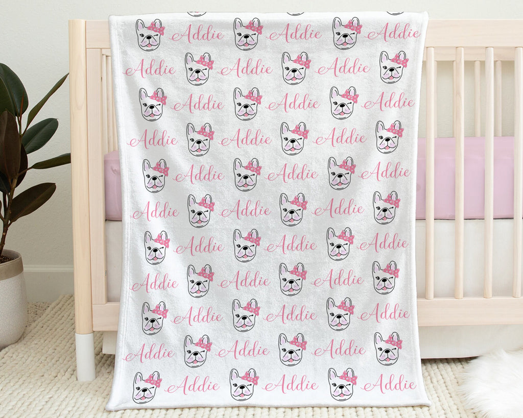 Baby girl bulldog name blanket, pink girls french bulldog swaddle blanket, personalized newborn baby gift, baby blanket with bulldogs