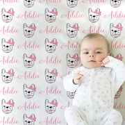 Baby girl bulldog name blanket, pink girls french bulldog swaddle blanket, personalized newborn baby gift, baby blanket with bulldogs