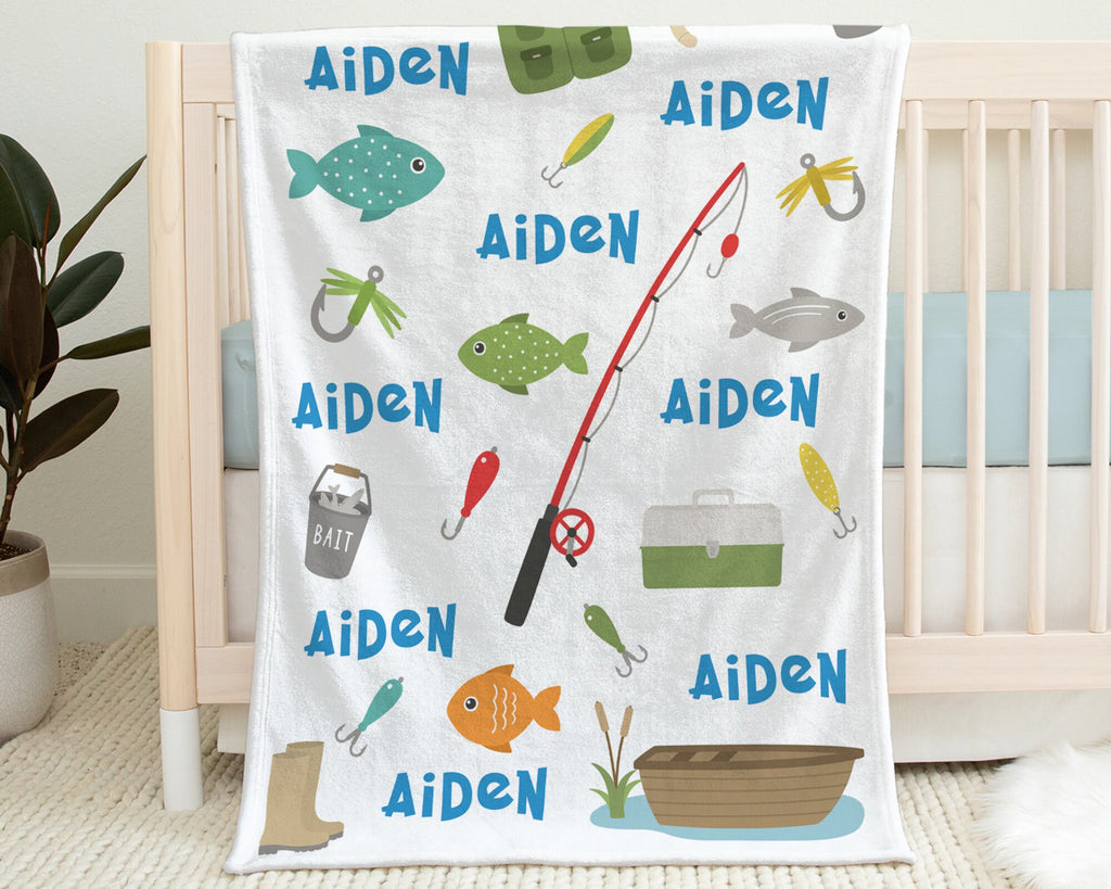Newborn fishing baby boy blanket, fishing boat and pole personalized name blanket, fisherman baby gift,boys fishing swaddle (CHOOSE COLORS)