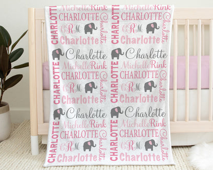 Monogram elephant baby girl blanket, personalized newborn elephant name blanket, elephants baby gift, girls elephant swaddle (CHOOSE COLOR)