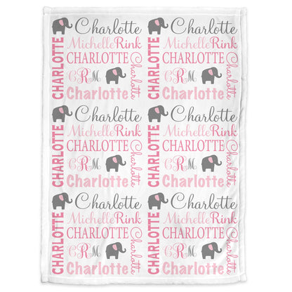 Monogram elephant baby girl blanket, personalized newborn elephant name blanket, elephants baby gift, girls elephant swaddle (CHOOSE COLOR)