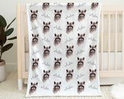 Raccoon baby name blanket personalized, cute animal blanket for boy, newborn gift, toddler, big kid size, choose material