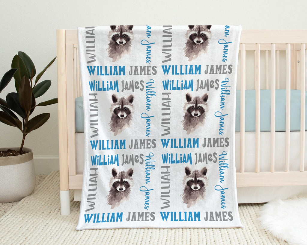 Personalized raccoon baby blanket, newborn baby name blanket with raccoons, raccoon baby boys blanket, cute animal baby boys gift
