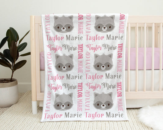 Personalized Raccoon Baby Name Blanket Girl