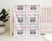 Raccoon baby blanket, pink and white raccoon girl baby blanket, personalized baby gift with raccoons, pink raccoon baby swaddle blanket,